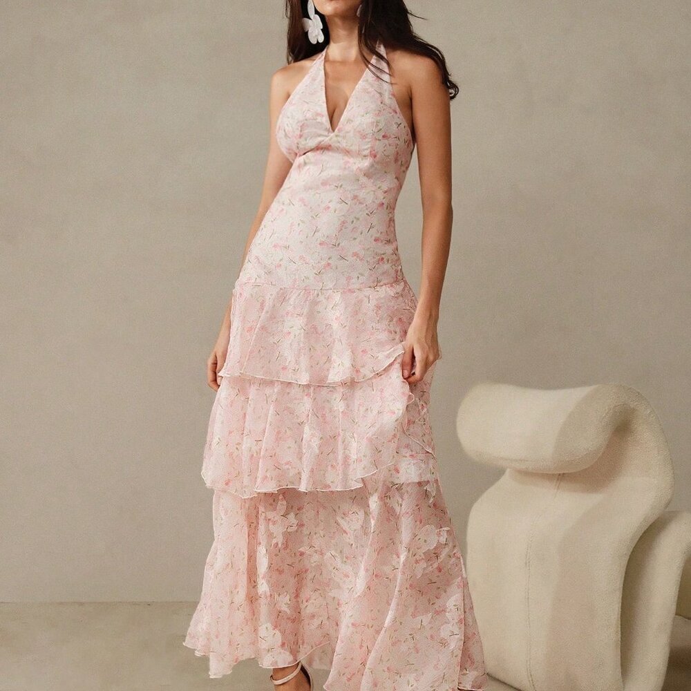 White Elegant Women's Romantic V-Neck Backless Floral Ruffle Dress - Picture 4 of 7